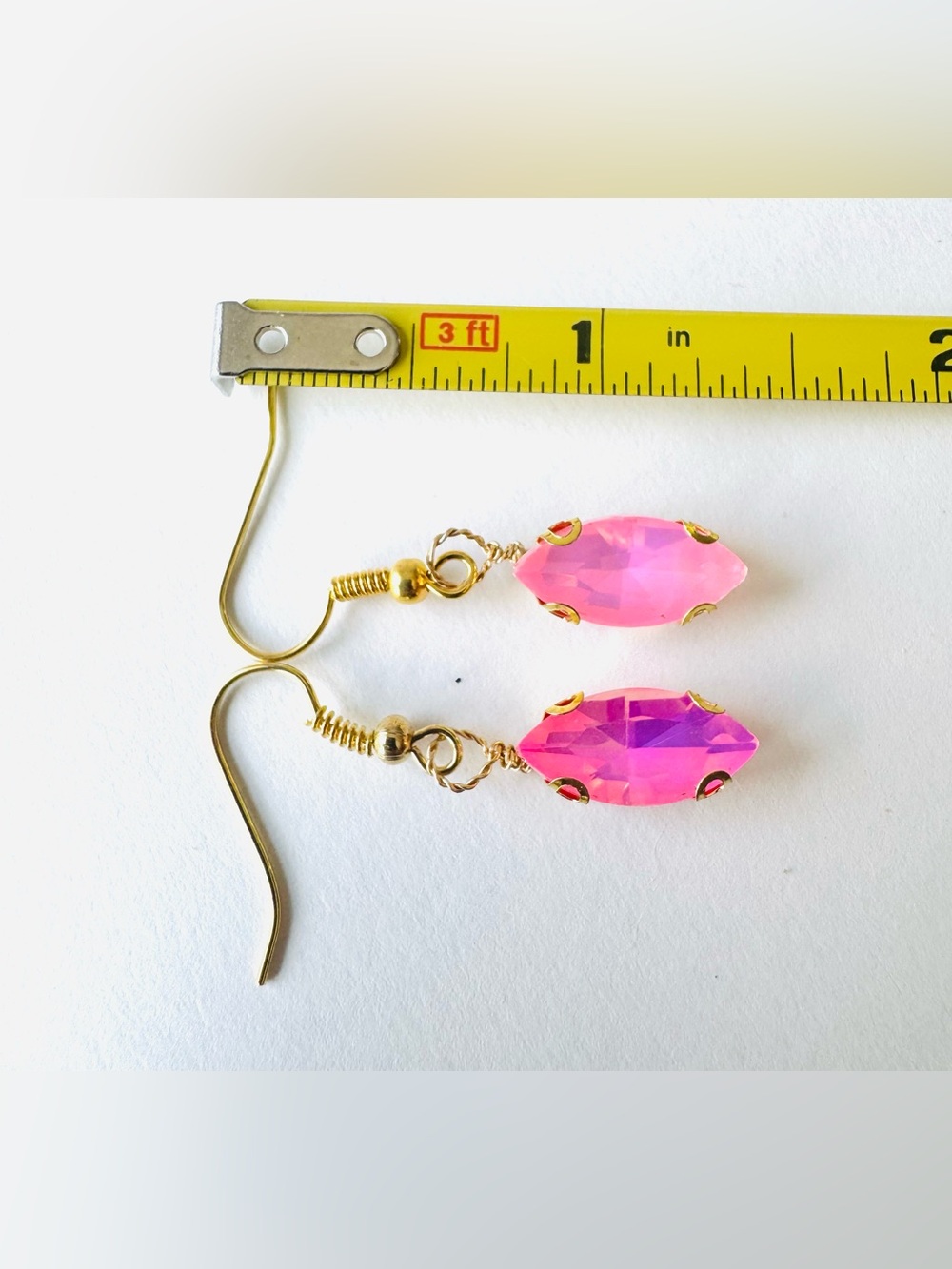 Pink Faceted Glass Drop Earrings - Gold Tone - Picture 2 of 3